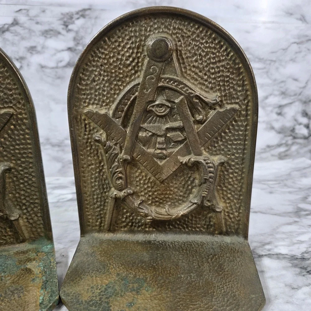 Vtg Masonic Brass Copper? Bookends Square And Compasses Pair Freemason Eye